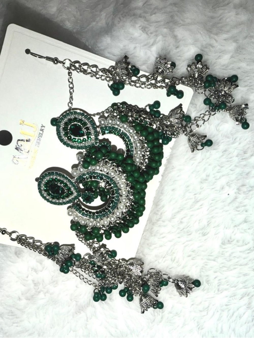 Green and Silver Statement Earrings and Necklace Set -